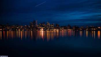Ночной вид из моря на Вашингтон, Ночные виды городов обои для рабочего стола, Вашингтон, море, ночь, огни