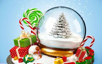 Новогодний шар с елкой, снегом и подарками, , шар, праздник, Новый год, елка, снег, подарки