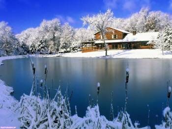 Зимний пейзаш у реки, Зимнее озеро у дома, река, зима, снег, дом