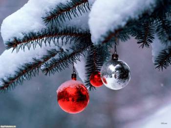 Игрушки на заснеженной елке, Игрушки на новогодней елке, снег, игрушки, новый год, зима