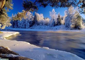 Река - зимний пейзаж для рабочего стола, Зимнии обои для рабочего стола, река, зима, снег, лес, красота